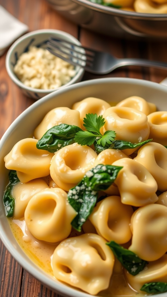 Creamy spinach tortellini in garlic parmesan sauce, garnished with parsley on a rustic table.